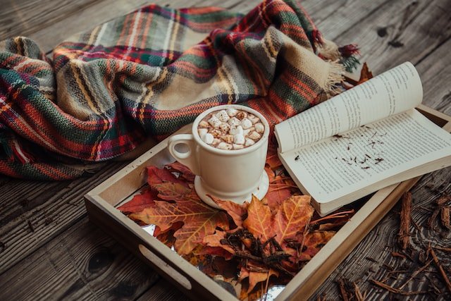 World Mental Health Day - Tartan blanket, hot cocoa, autumn leaves and open book