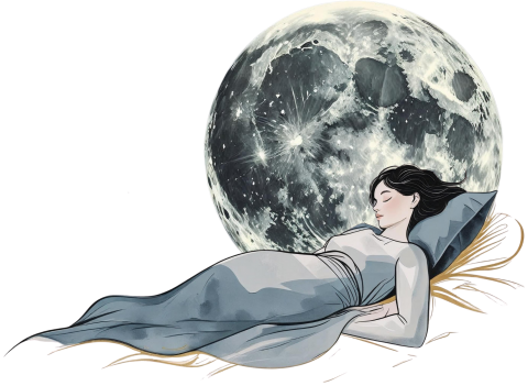 Lady illustration drawing of her sleeping better next to a very large full moon on the floor