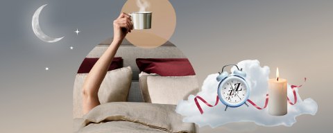 Illustrated graphic with a hand holding a cup of tea surrounded by clouds