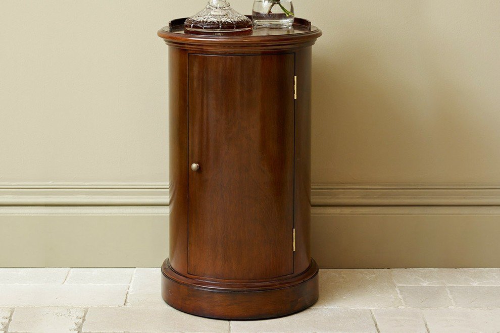 Eclectic Drum Bedside Cabinet Aged Mahogany Right Hand Hinge