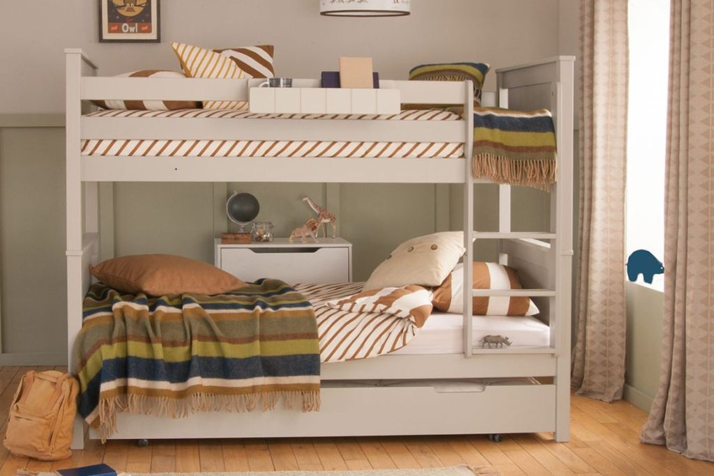 Classic Childrens Beech Bunk Bed With Storage And Trundle Dove Grey