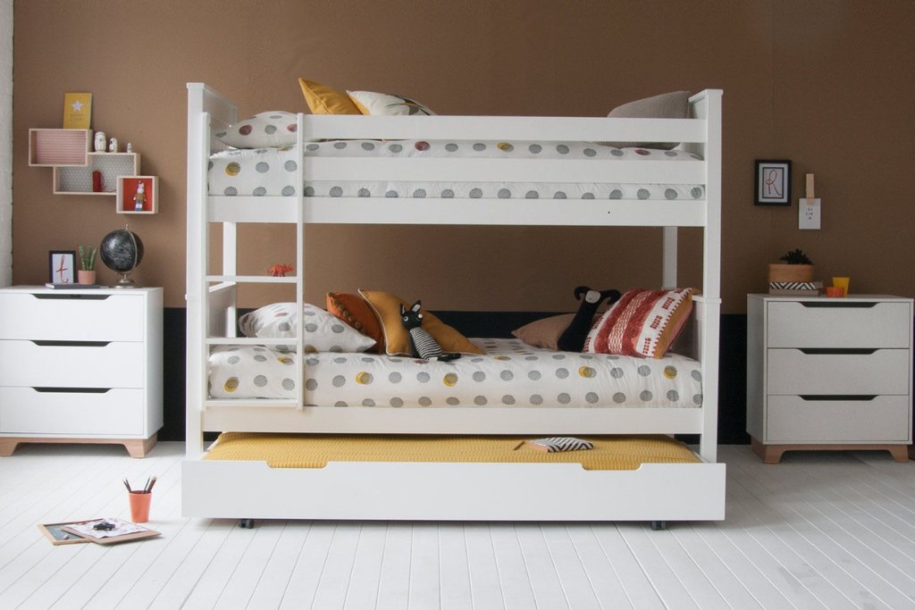 Classic Children's Beech Bunk Bed with Storage & Trundle - Pure White