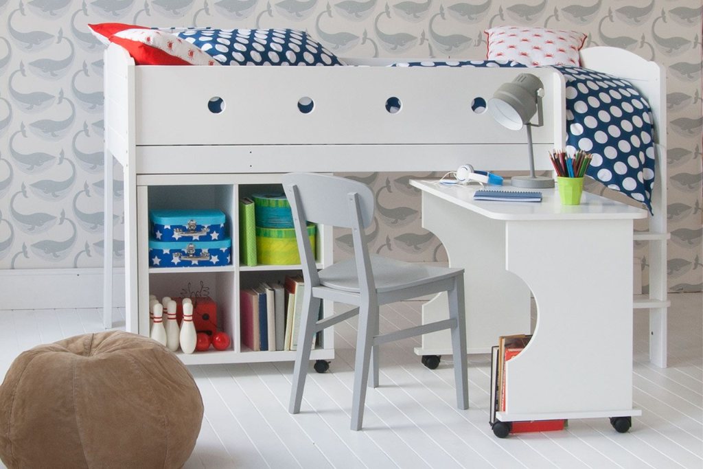 Cubix Childrens Mid Sleeper With Storage Bookcase And Roll Out Desk Pure White