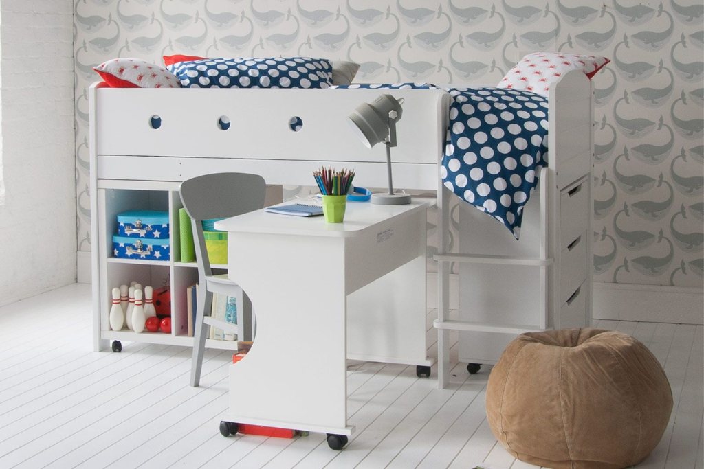 Cubix Children's Mid Sleeper With Chest Of Drawers, Storage Bookcase & Roll Out Desk