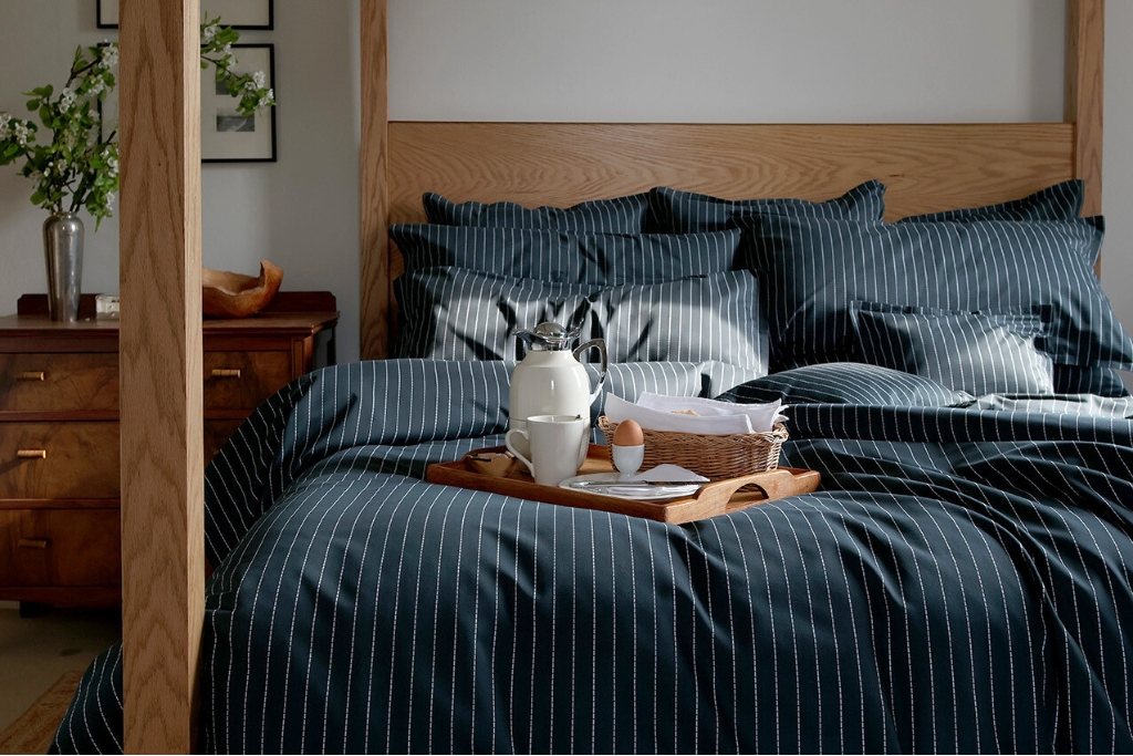 St. Leger Pinstripe Duvet Cover Ebony Black with Breakfast in Bed