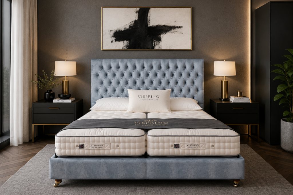 Emilia Grand Bedstead & Vispring Herald Divan Set - Superking - Ex Display. Emilia Grand Bedstead & Vispring Herald Divan Set - Superking - Ex Display.