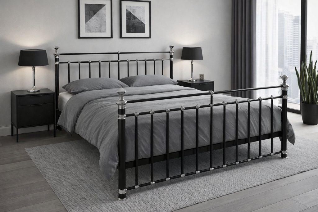 Bronte Polished Nickel & Black Bedstead + Slatted Base - Superking Size - Ex Display.