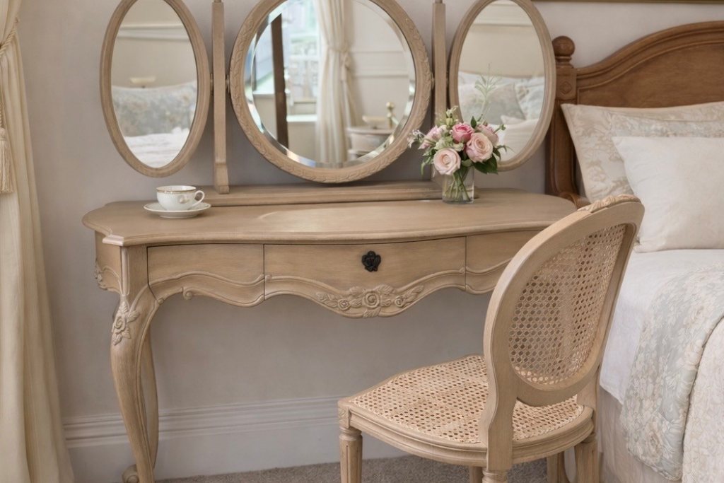 Louis XV Dressing Table, Mirror and Floral Chair Set - Ex Display