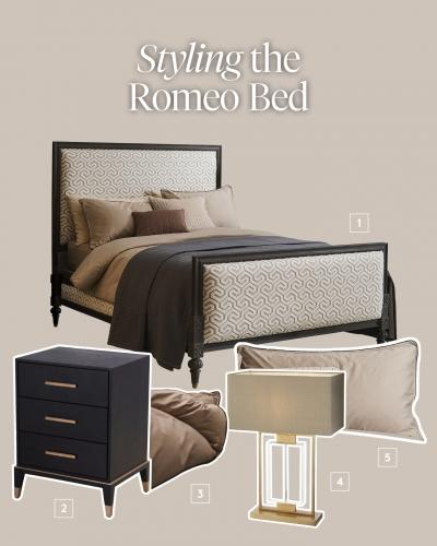 Styling the Romeo Bed. Handcrafted in beautiful wood finishes, decoratively carved legs and upholster...